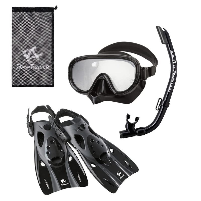 Reef Tourer Adult Single-Window Mask, Snorkel and Fin Traveling Set, Black, Medium (4-9) - Image 1